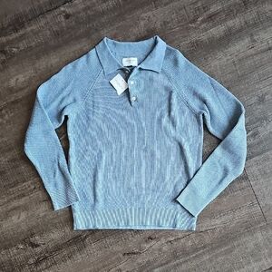 Light Blue Ribbed Long Sleeve Polo Sweater
